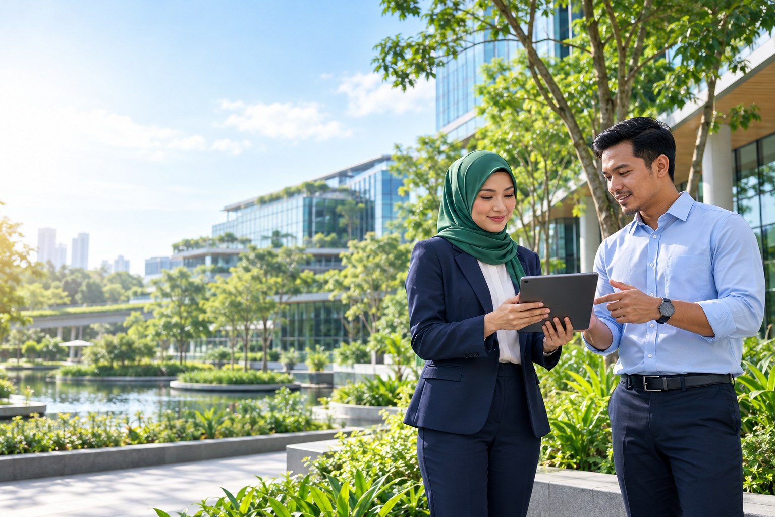 Malay sustainability professionals at a green office campus